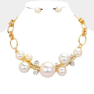 Gold & Cream Pearl Ball Embellished Statement Necklace